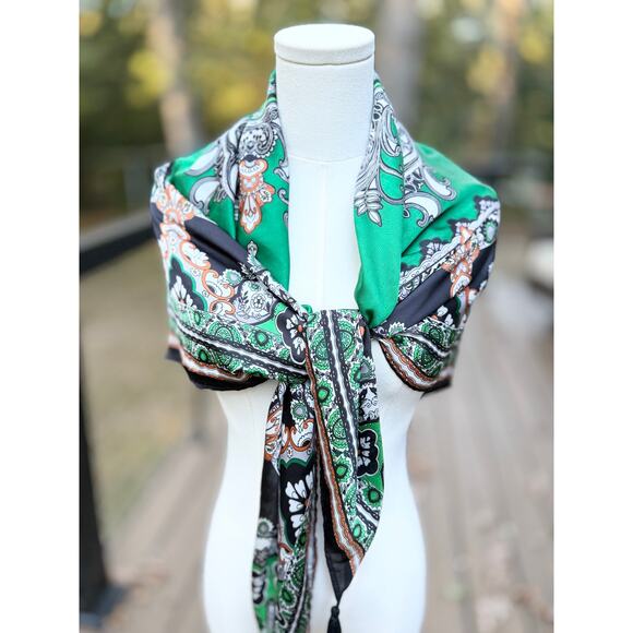 Chico's Women's Paisley Print Tunic Silk Blouse Emerald Green Size M + SCARF - Picture 6 of 14